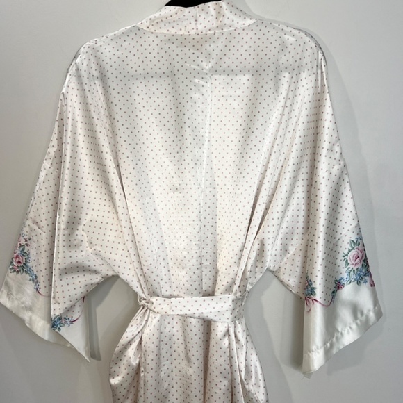 Vintage Linda Bis white satin pink polka dot kimono robe jacket OS - Picture 7 of 15